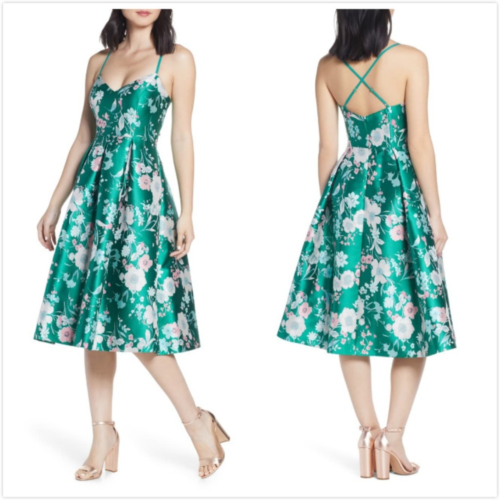 Jade Green Floral Jacquard Fit & Flare Dress ELIZA J